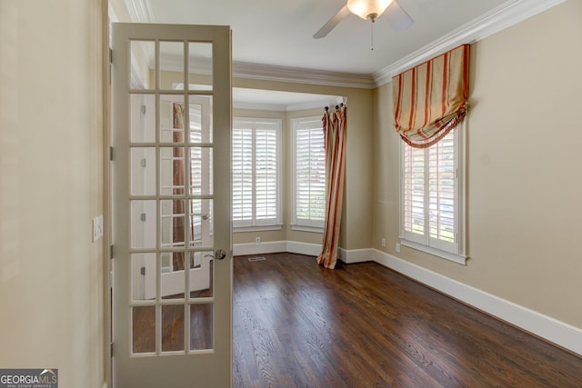 7520 Ledgewood Way, Suwanee, GA 30024 - spare room with crown molding, ceiling fan, and dark wood-style floors