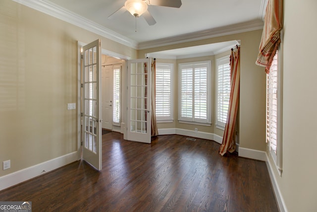 7520 Ledgewood Way, Suwanee, GA 30024 - foyer entrance with a ceiling fan, dark wood-type flooring, baseboards, crown molding, and french doors