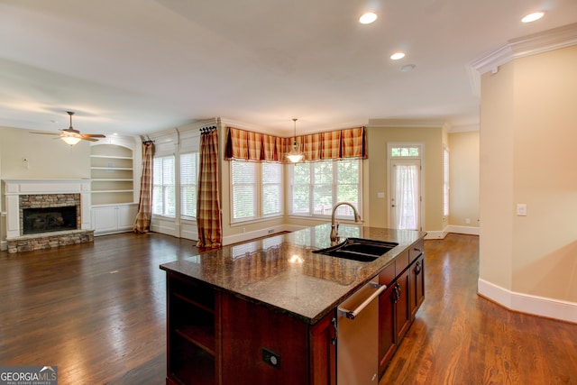 7520 Ledgewood Way, Suwanee, GA 30024 - kitchen featuring stainless steel dishwasher, crown molding, ceiling fan, dark wood finished floors, and recessed lighting