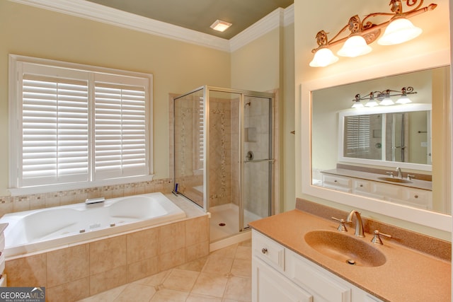 7520 Ledgewood Way, Suwanee, GA 30024 - bathroom featuring crown molding, a whirlpool tub, vanity, a shower stall, and tile patterned floors