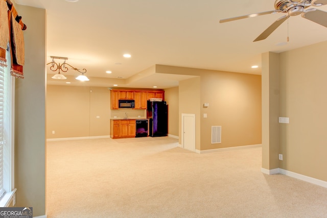 7520 Ledgewood Way, Suwanee, GA 30024 - unfurnished living room with wet bar, recessed lighting, light colored carpet, and a ceiling fan