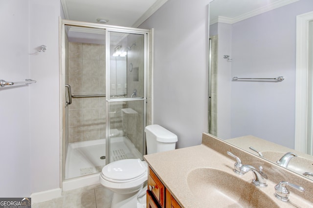 7520 Ledgewood Way, Suwanee, GA 30024 - bathroom with vanity, a shower stall, tile patterned floors, and crown molding