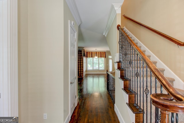 7520 Ledgewood Way, Suwanee, GA 30024 - hallway with ornamental molding, dark wood-style floors, stairway, baseboards, and a chandelier