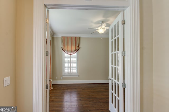 7520 Ledgewood Way, Suwanee, GA 30024 - unfurnished room featuring a ceiling fan, dark wood finished floors, ornamental molding, and baseboards