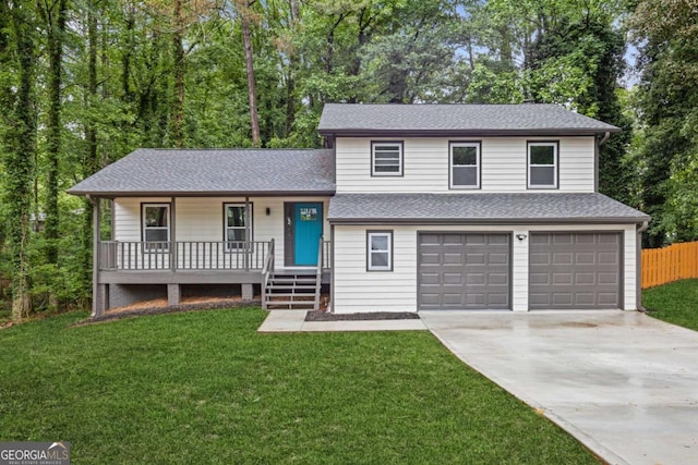split level home featuring covered porch, concrete driveway, a garage, and a shingled roof
