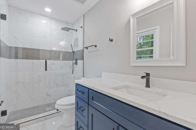 full bath with marble finish flooring, toilet, a marble finish shower, vanity, and recessed lighting