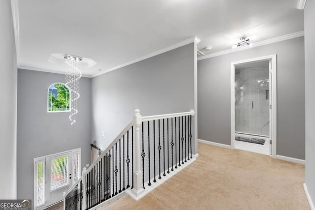 1892 Ivy View Walk, Loganville, GA 30052 - corridor with an upstairs landing, baseboards, ornamental molding, carpet, and a chandelier
