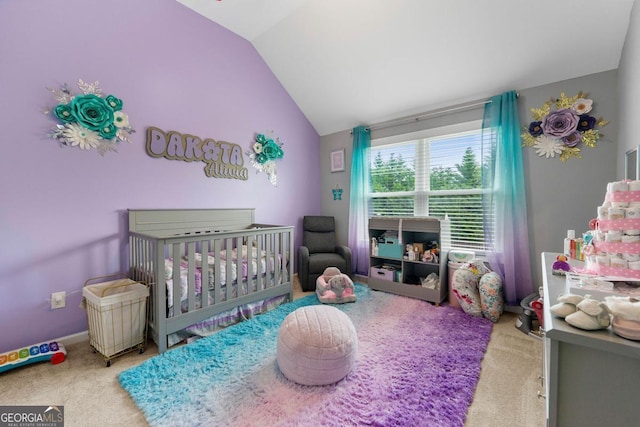 1892 Ivy View Walk, Loganville, GA 30052 - bedroom featuring carpet, vaulted ceiling, and a crib