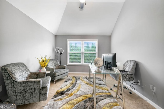 1892 Ivy View Walk, Loganville, GA 30052 - carpeted home office featuring lofted ceiling, baseboards, and a ceiling fan