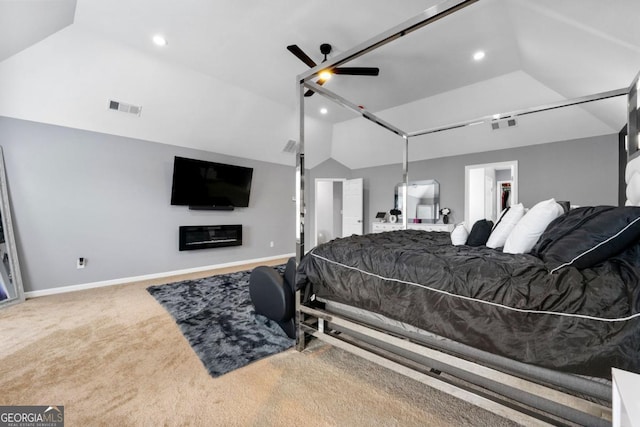1892 Ivy View Walk, Loganville, GA 30052 - carpeted bedroom with lofted ceiling, recessed lighting, baseboards, and a ceiling fan