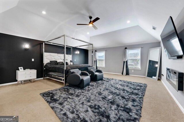 1892 Ivy View Walk, Loganville, GA 30052 - carpeted bedroom with lofted ceiling, baseboards, recessed lighting, and a ceiling fan