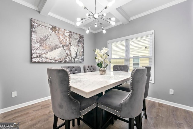 1892 Ivy View Walk, Loganville, GA 30052 - dining area featuring a chandelier, crown molding, beamed ceiling, coffered ceiling, and wood finished floors