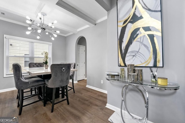 1892 Ivy View Walk, Loganville, GA 30052 - dining space with ornamental molding, arched walkways, a chandelier, beam ceiling, and baseboards
