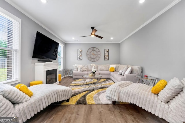 1892 Ivy View Walk, Loganville, GA 30052 - living area featuring wood finished floors, a ceiling fan, recessed lighting, ornamental molding, and a glass covered fireplace