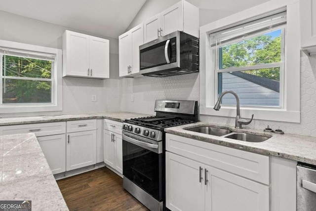 2025 Venetian Dr SW, Atlanta, GA 30311 - kitchen featuring stainless steel appliances, a sink, lofted ceiling, white cabinets, and plenty of natural light