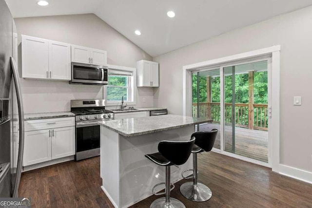 2025 Venetian Dr SW, Atlanta, GA 30311 - kitchen featuring appliances with stainless steel finishes, a sink, dark wood-style floors, a kitchen breakfast bar, and lofted ceiling