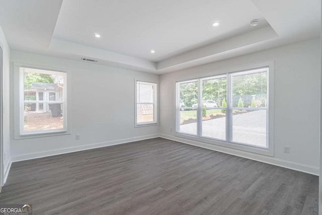 2265 Hillbriar Dr, Buford, GA 30518 - spare room with a tray ceiling, dark wood-style floors, plenty of natural light, baseboards, and recessed lighting
