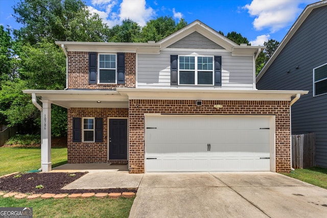 view of front facade with brick siding, concrete driveway, and a garage