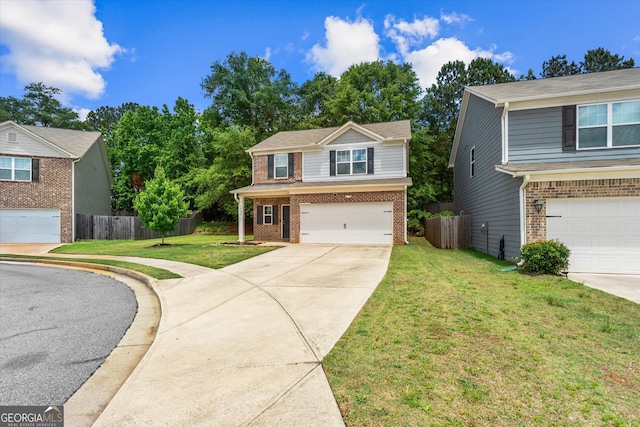 traditional-style home with brick siding, an attached garage, and concrete driveway