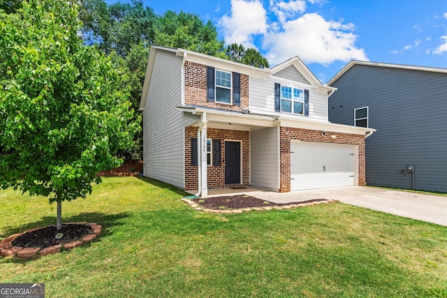 view of front of property featuring brick siding, driveway, a garage, and a front lawn