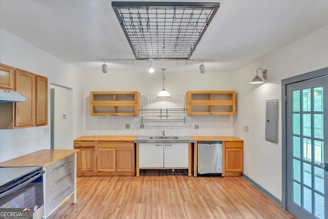 kitchen with dishwasher, track lighting, light wood-type flooring, and electric panel