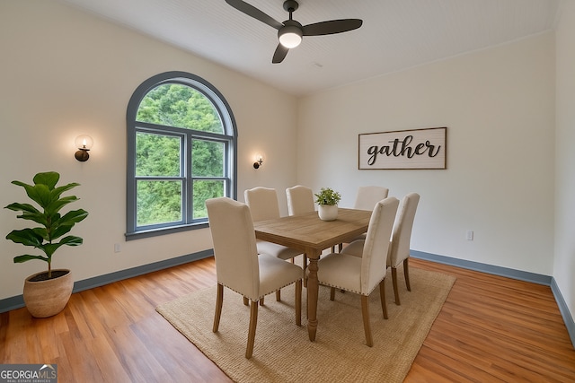 dining area featuring healthy amount of natural light, baseboards, a ceiling fan, and light wood-type flooring