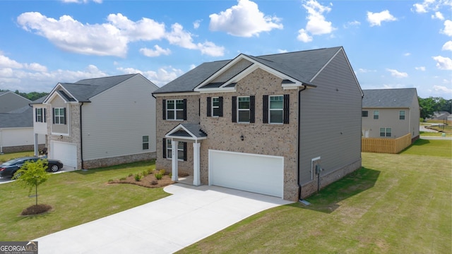 view of front facade featuring an attached garage, concrete driveway, brick siding, and a residential view