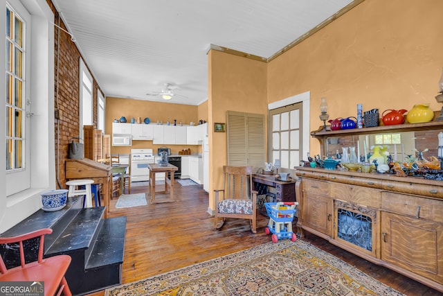 1 Public Sq, Bowman, GA 30624 - living room with hardwood / wood-style flooring, a ceiling fan, and ornamental molding