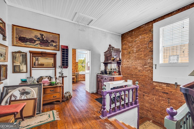 1 Public Sq, Bowman, GA 30624 - interior space with hardwood / wood-style flooring, brick wall, and wood ceiling