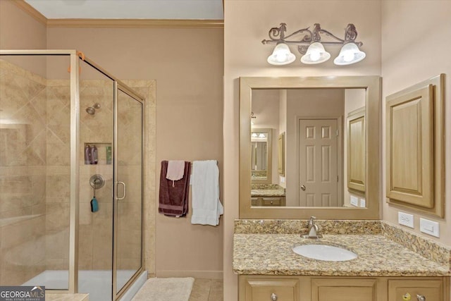 5000 Davenport Pl, Roswell, GA 30075 - full bathroom featuring a shower stall, vanity, baseboards, and crown molding