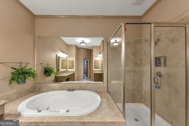 5000 Davenport Pl, Roswell, GA 30075 - full bath with a jetted tub, a stall shower, vanity, and crown molding