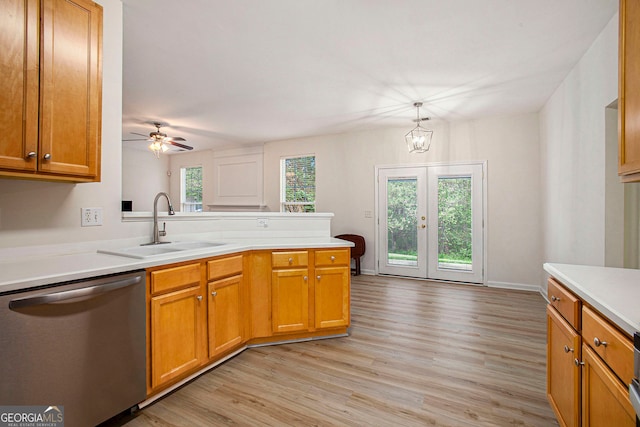 4535 Howell Farms Rd NW, Acworth, GA 30101 - kitchen featuring stainless steel dishwasher, a peninsula, light wood-type flooring, light countertops, and french doors
