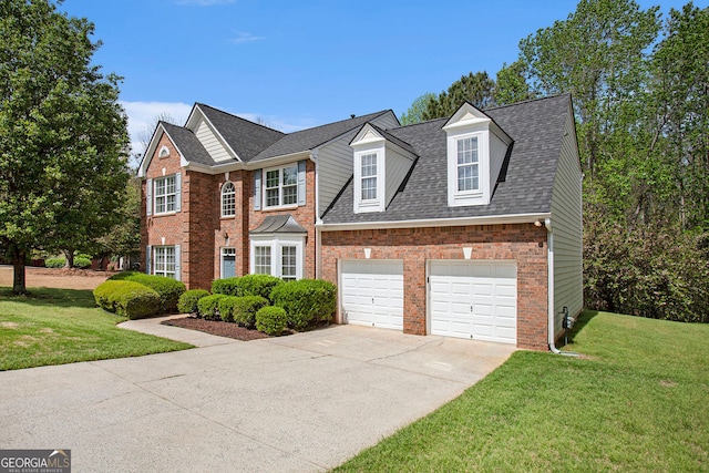 4535 Howell Farms Rd NW, Acworth, GA 30101 - view of front of home featuring concrete driveway, brick siding, a front yard, roof with shingles, and a garage