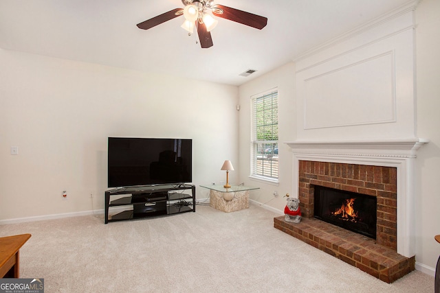 4535 Howell Farms Rd NW, Acworth, GA 30101 - carpeted living room with ceiling fan, baseboards, and a brick fireplace