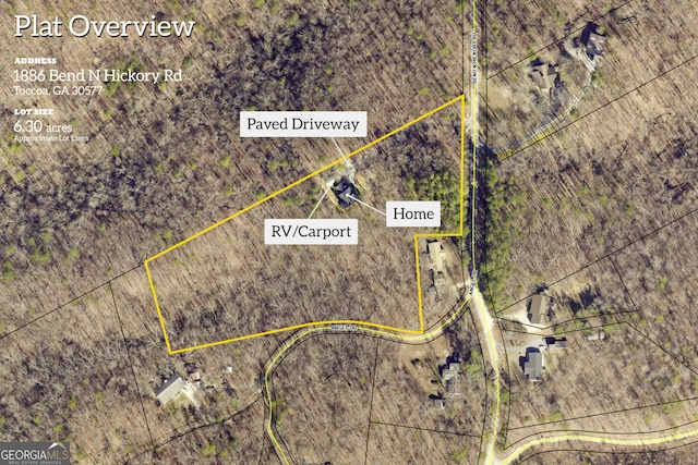 1886 Bend N Hickory Rd, Toccoa, GA 30577 - aerial map of property and surrounding area with property parcel outlined