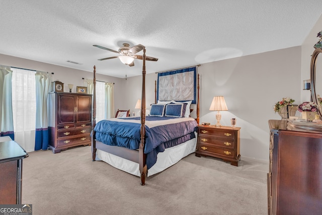 1886 Bend N Hickory Rd, Toccoa, GA 30577 - bedroom with multiple windows, a textured ceiling, light carpet, and a ceiling fan