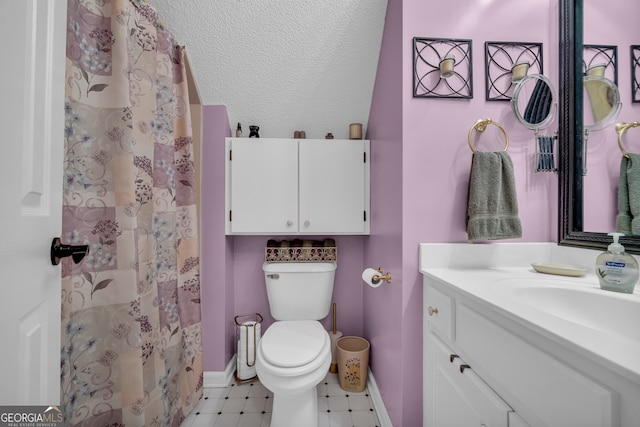 1886 Bend N Hickory Rd, Toccoa, GA 30577 - full bathroom with baseboards, toilet, vanity, tile patterned floors, and a shower with shower curtain