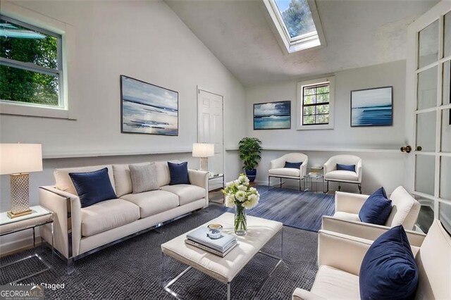 living area with a skylight, lofted ceiling, and wood finished floors