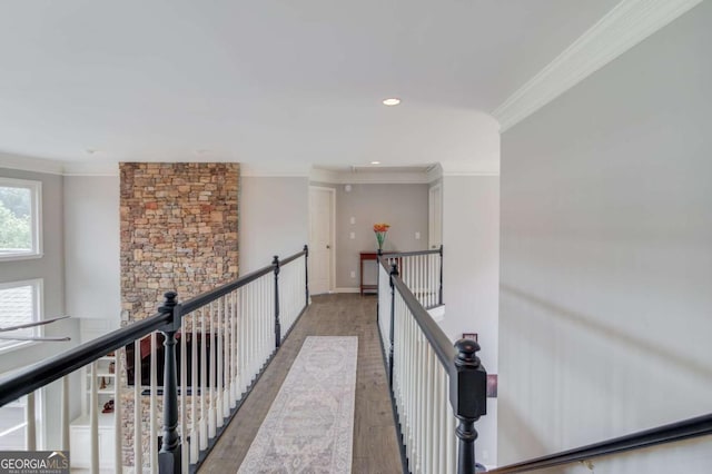 1608 Mulberry Lake Dr, Dacula, GA 30019 - corridor featuring an upstairs landing, crown molding, wood finished floors, recessed lighting, and baseboards