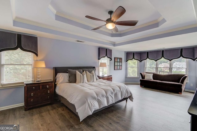 1608 Mulberry Lake Dr, Dacula, GA 30019 - bedroom with a tray ceiling, ornamental molding, baseboards, wood finished floors, and ceiling fan