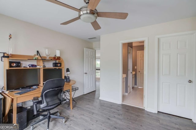 1608 Mulberry Lake Dr, Dacula, GA 30019 - office with ceiling fan, wood finished floors, and baseboards