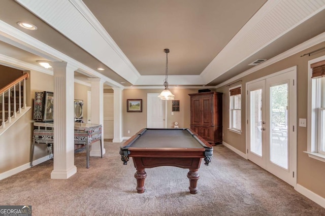 1608 Mulberry Lake Dr, Dacula, GA 30019 - recreation room with carpet, a raised ceiling, ornamental molding, billiards table, and baseboards