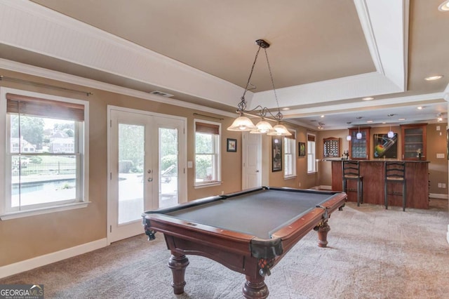 1608 Mulberry Lake Dr, Dacula, GA 30019 - game room with a raised ceiling, light colored carpet, crown molding, baseboards, and billiards