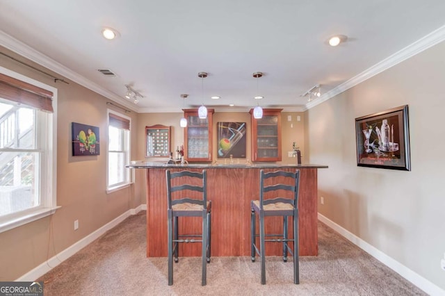 1608 Mulberry Lake Dr, Dacula, GA 30019 - indoor bar featuring light colored carpet, baseboards, ornamental molding, hanging light fixtures, and recessed lighting