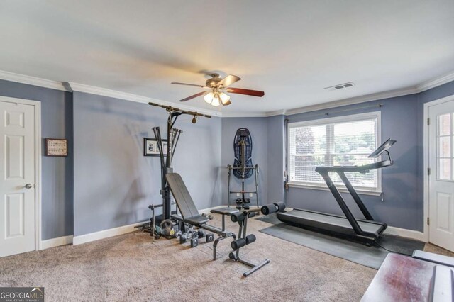 1608 Mulberry Lake Dr, Dacula, GA 30019 - workout area featuring ceiling fan, baseboards, plenty of natural light, and crown molding