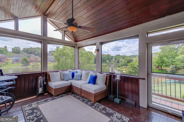 1608 Mulberry Lake Dr, Dacula, GA 30019 - sunroom featuring ceiling fan, lofted ceiling, a water view, and outdoor lounge area