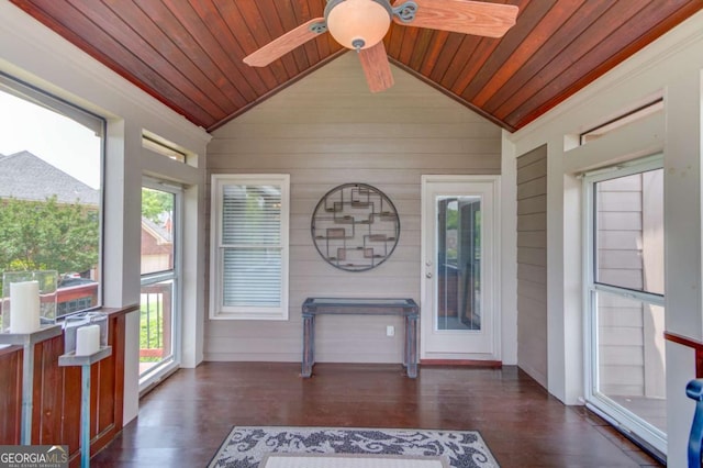 1608 Mulberry Lake Dr, Dacula, GA 30019 - unfurnished sunroom with vaulted ceiling, wood ceiling, plenty of natural light, wooden walls, and wood finished floors