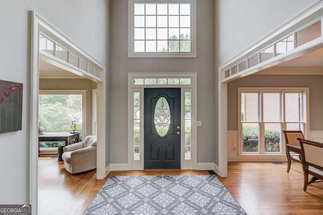 1608 Mulberry Lake Dr, Dacula, GA 30019 - foyer entrance with wood finished floors, plenty of natural light, a high ceiling, and baseboards