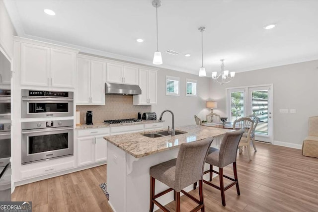 427 Bluffs View Ln, Canton, GA 30114 - kitchen featuring a sink, under cabinet range hood, stainless steel appliances, light stone countertops, and crown molding