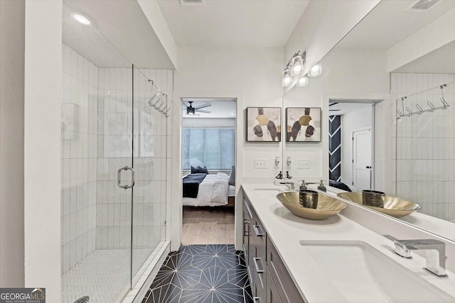 701 Pryor St SW # 5, Atlanta, GA 30315 - full bathroom featuring ensuite bath, a stall shower, double vanity, tile patterned floors, and ceiling fan